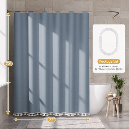 Boho Shower Curtain, Modern Farmhouse Shower Curtain Set with Tassels, Rustic Faux Linen Green Striped Shower Curtain with Hooks, Light Tan Toned, 72x72 Inches