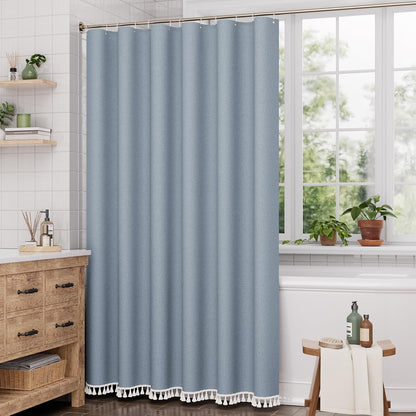Boho Shower Curtain, Modern Farmhouse Shower Curtain Set with Tassels, Rustic Faux Linen Green Striped Shower Curtain with Hooks, Light Tan Toned, 72x72 Inches