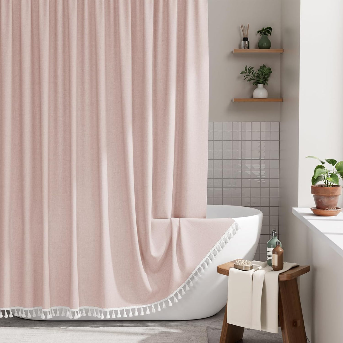 Boho Shower Curtain, Modern Farmhouse Shower Curtain Set with Tassels, Rustic Faux Linen Green Striped Shower Curtain with Hooks, Light Tan Toned, 72x72 Inches