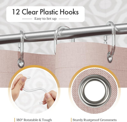 Boho Shower Curtain, Modern Farmhouse Shower Curtain Set with Tassels, Rustic Faux Linen Green Striped Shower Curtain with Hooks, Light Tan Toned, 72x72 Inches