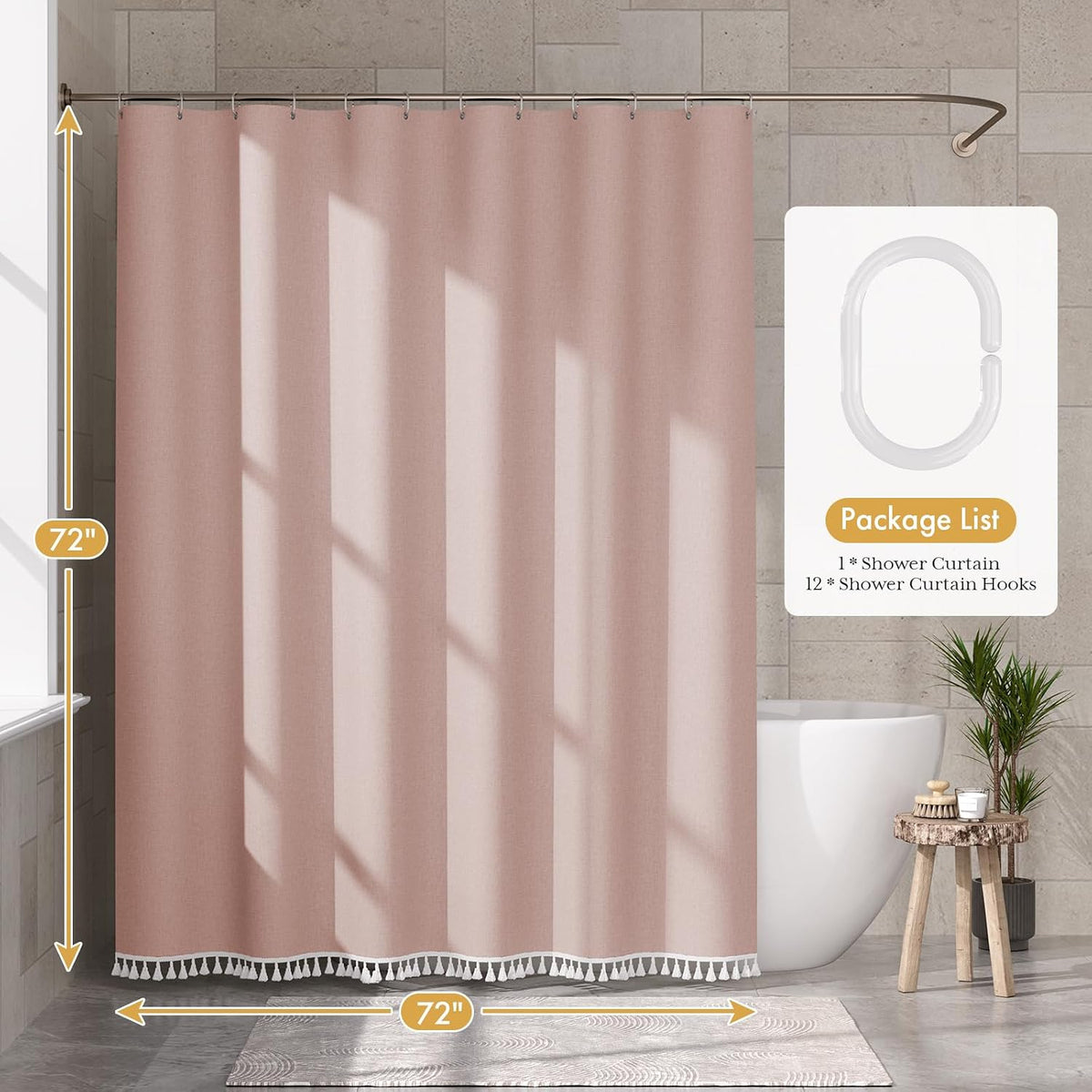 Boho Shower Curtain, Modern Farmhouse Shower Curtain Set with Tassels, Rustic Faux Linen Green Striped Shower Curtain with Hooks, Light Tan Toned, 72x72 Inches