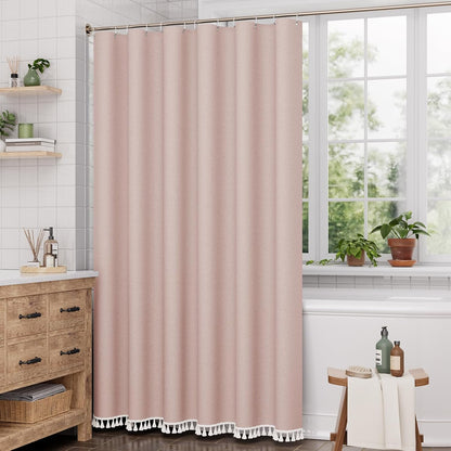 Boho Shower Curtain, Modern Farmhouse Shower Curtain Set with Tassels, Rustic Faux Linen Green Striped Shower Curtain with Hooks, Light Tan Toned, 72x72 Inches