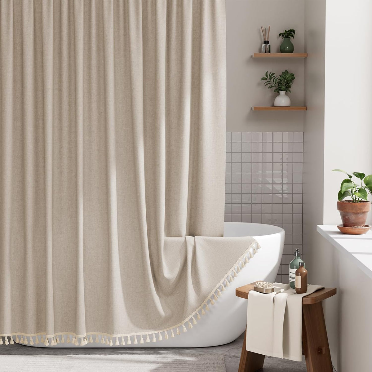 Boho Shower Curtain, Modern Farmhouse Shower Curtain Set with Tassels, Rustic Faux Linen Green Striped Shower Curtain with Hooks, Light Tan Toned, 72x72 Inches