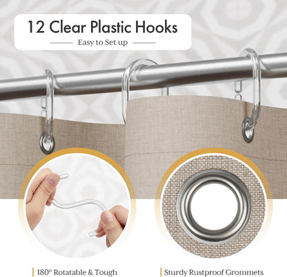 Boho Shower Curtain, Modern Farmhouse Shower Curtain Set with Tassels, Rustic Faux Linen Green Striped Shower Curtain with Hooks, Light Tan Toned, 72x72 Inches