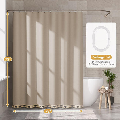 Boho Shower Curtain, Modern Farmhouse Shower Curtain Set with Tassels, Rustic Faux Linen Green Striped Shower Curtain with Hooks, Light Tan Toned, 72x72 Inches