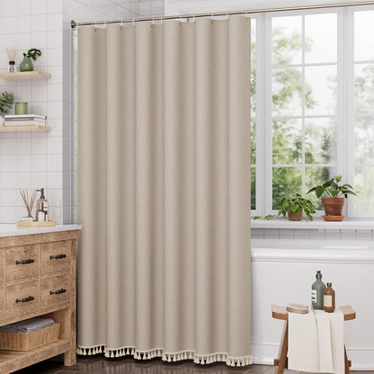 Boho Shower Curtain, Modern Farmhouse Shower Curtain Set with Tassels, Rustic Faux Linen Green Striped Shower Curtain with Hooks, Light Tan Toned, 72x72 Inches
