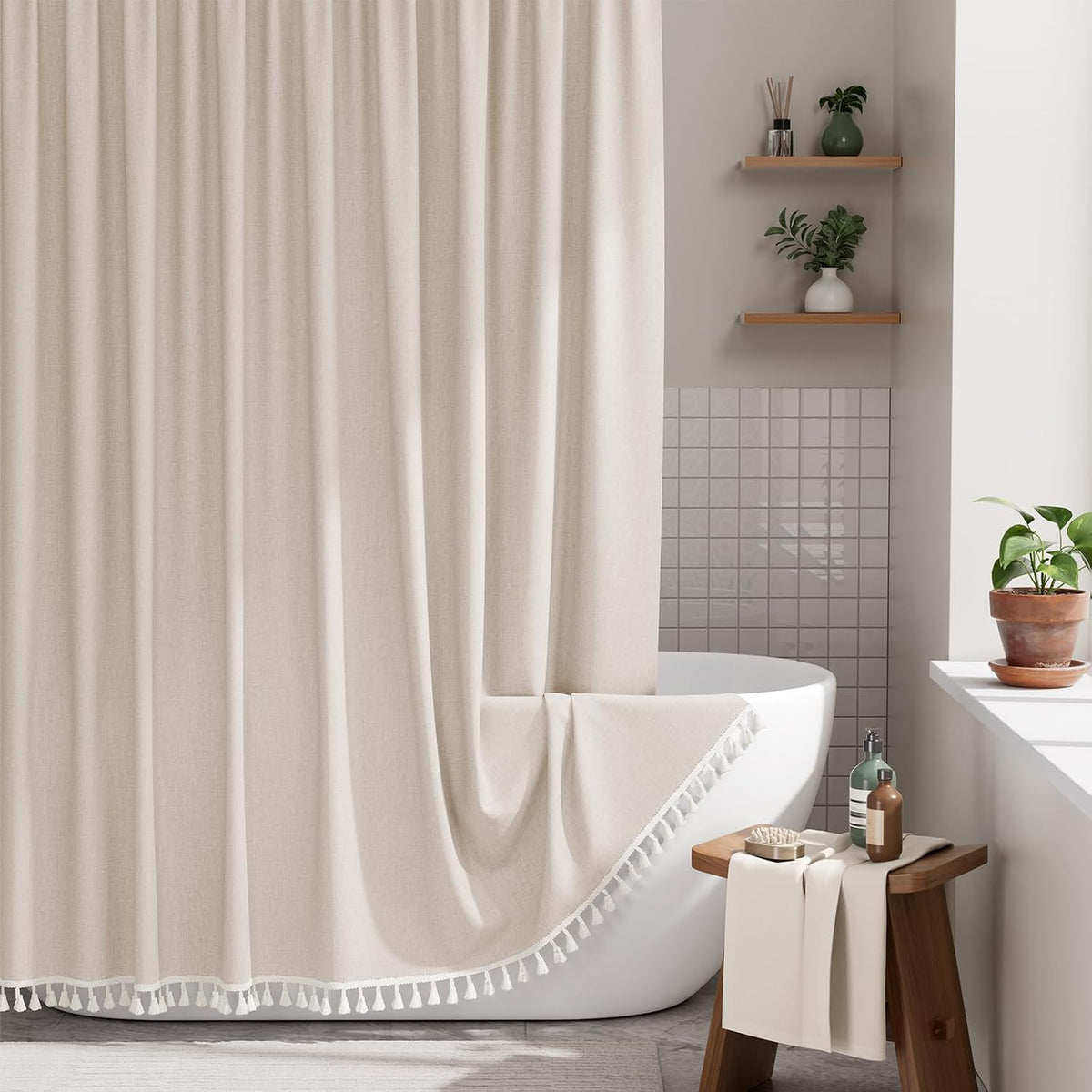 Boho Shower Curtain, Modern Farmhouse Shower Curtain Set with Tassels, Rustic Faux Linen Green Striped Shower Curtain with Hooks, Light Tan Toned, 72x72 Inches