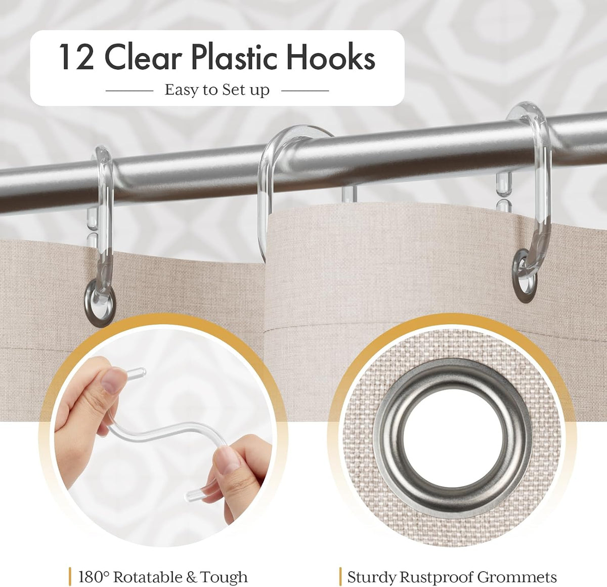 Boho Shower Curtain, Modern Farmhouse Shower Curtain Set with Tassels, Rustic Faux Linen Green Striped Shower Curtain with Hooks, Light Tan Toned, 72x72 Inches