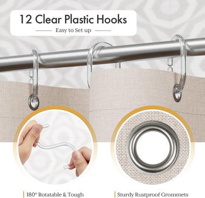Boho Shower Curtain, Modern Farmhouse Shower Curtain Set with Tassels, Rustic Faux Linen Green Striped Shower Curtain with Hooks, Light Tan Toned, 72x72 Inches