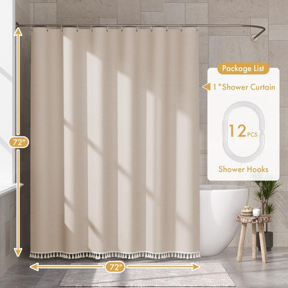 Boho Shower Curtain, Modern Farmhouse Shower Curtain Set with Tassels, Rustic Faux Linen Green Striped Shower Curtain with Hooks, Light Tan Toned, 72x72 Inches