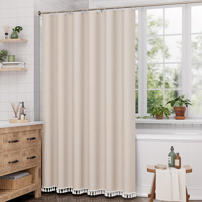Boho Shower Curtain, Modern Farmhouse Shower Curtain Set with Tassels, Rustic Faux Linen Green Striped Shower Curtain with Hooks, Light Tan Toned, 72x72 Inches