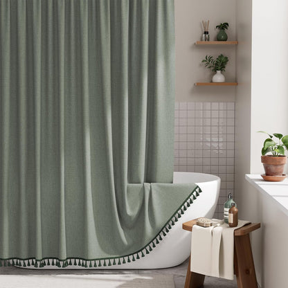 Boho Shower Curtain, Modern Farmhouse Shower Curtain Set with Tassels, Rustic Faux Linen Green Striped Shower Curtain with Hooks, Light Tan Toned, 72x72 Inches