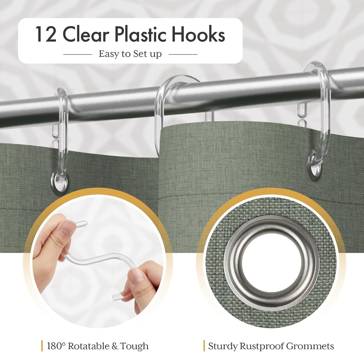 Boho Shower Curtain, Modern Farmhouse Shower Curtain Set with Tassels, Rustic Faux Linen Green Striped Shower Curtain with Hooks, Light Tan Toned, 72x72 Inches