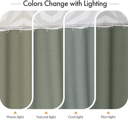 Boho Shower Curtain, Modern Farmhouse Shower Curtain Set with Tassels, Rustic Faux Linen Green Striped Shower Curtain with Hooks, Light Tan Toned, 72x72 Inches