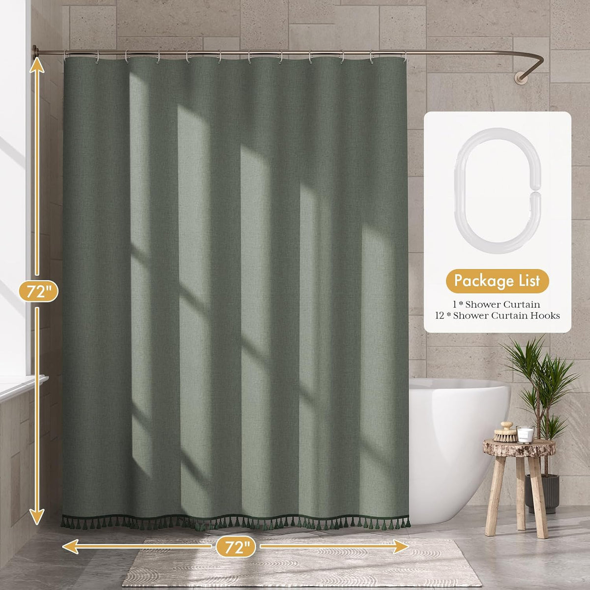 Boho Shower Curtain, Modern Farmhouse Shower Curtain Set with Tassels, Rustic Faux Linen Green Striped Shower Curtain with Hooks, Light Tan Toned, 72x72 Inches