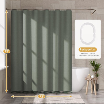 Boho Shower Curtain, Modern Farmhouse Shower Curtain Set with Tassels, Rustic Faux Linen Green Striped Shower Curtain with Hooks, Light Tan Toned, 72x72 Inches