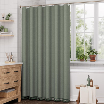 Boho Shower Curtain, Modern Farmhouse Shower Curtain Set with Tassels, Rustic Faux Linen Green Striped Shower Curtain with Hooks, Light Tan Toned, 72x72 Inches