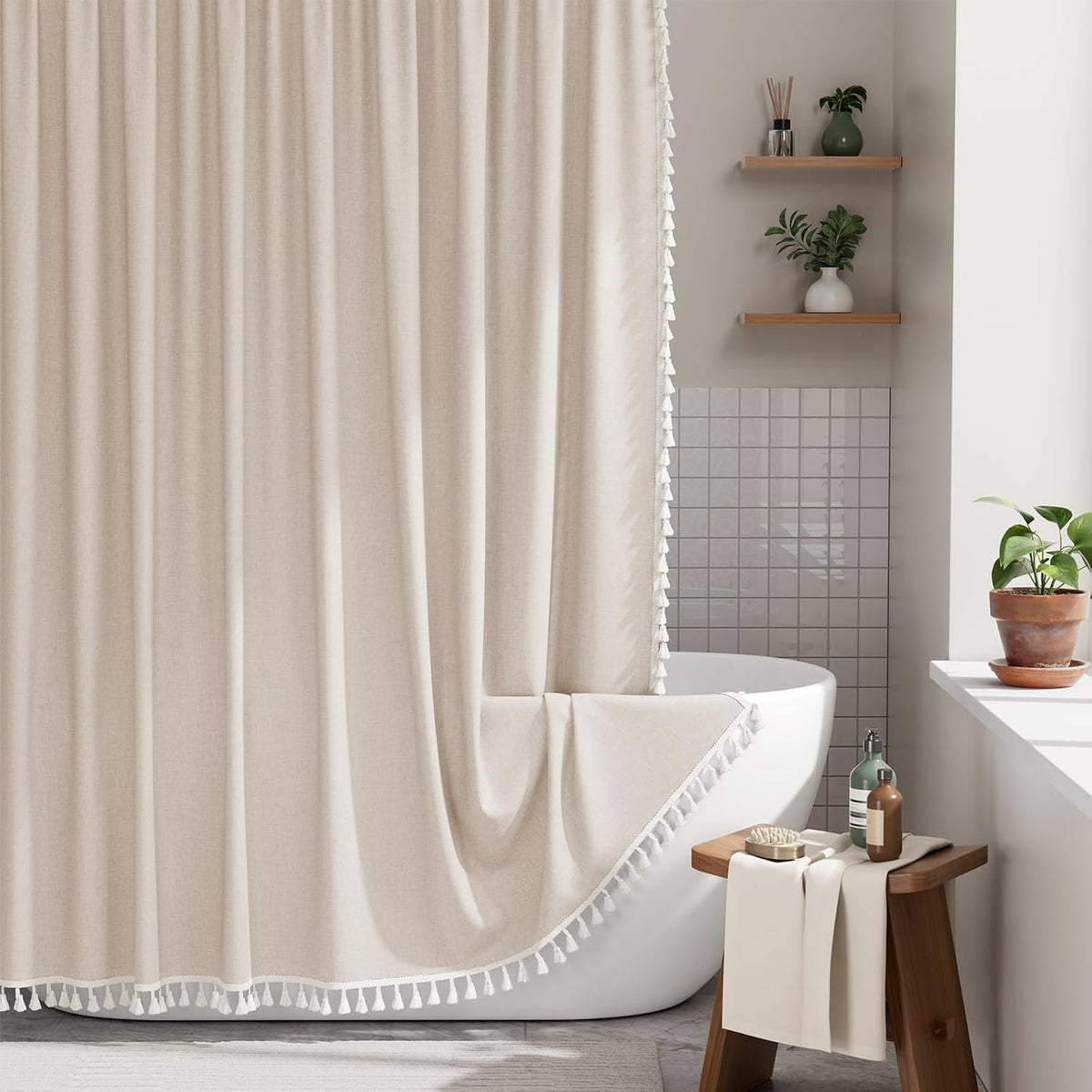 Boho Shower Curtain, Modern Farmhouse Shower Curtain Set with Tassels, Rustic Faux Linen Green Striped Shower Curtain with Hooks, Light Tan Toned, 72x72 Inches