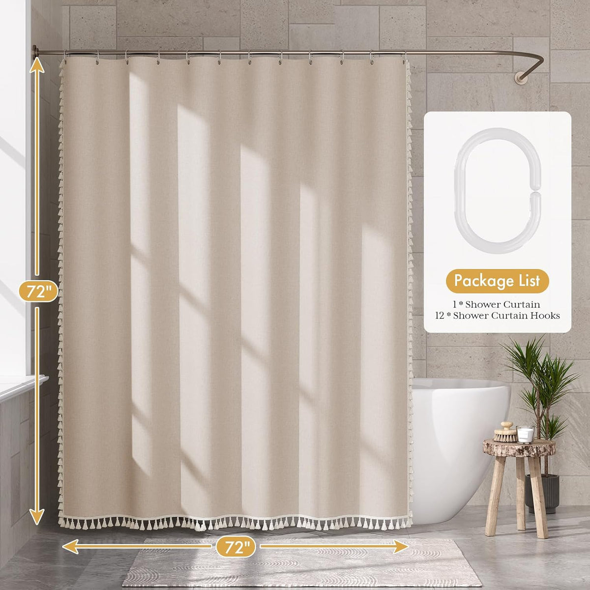 Boho Shower Curtain, Modern Farmhouse Shower Curtain Set with Tassels, Rustic Faux Linen Green Striped Shower Curtain with Hooks, Light Tan Toned, 72x72 Inches