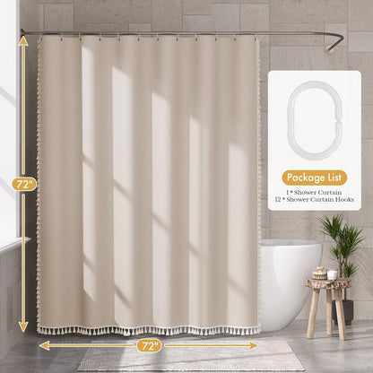 Boho Shower Curtain, Modern Farmhouse Shower Curtain Set with Tassels, Rustic Faux Linen Green Striped Shower Curtain with Hooks, Light Tan Toned, 72x72 Inches
