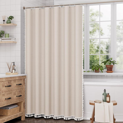 Boho Shower Curtain, Modern Farmhouse Shower Curtain Set with Tassels, Rustic Faux Linen Green Striped Shower Curtain with Hooks, Light Tan Toned, 72x72 Inches
