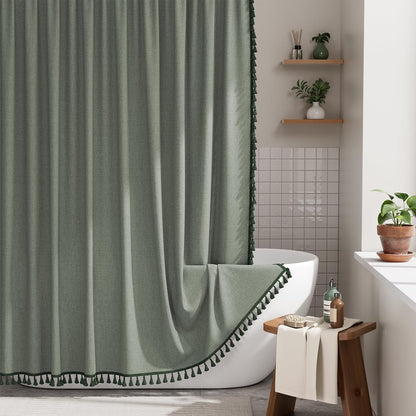 Boho Shower Curtain, Modern Farmhouse Shower Curtain Set with Tassels, Rustic Faux Linen Green Striped Shower Curtain with Hooks, Light Tan Toned, 72x72 Inches