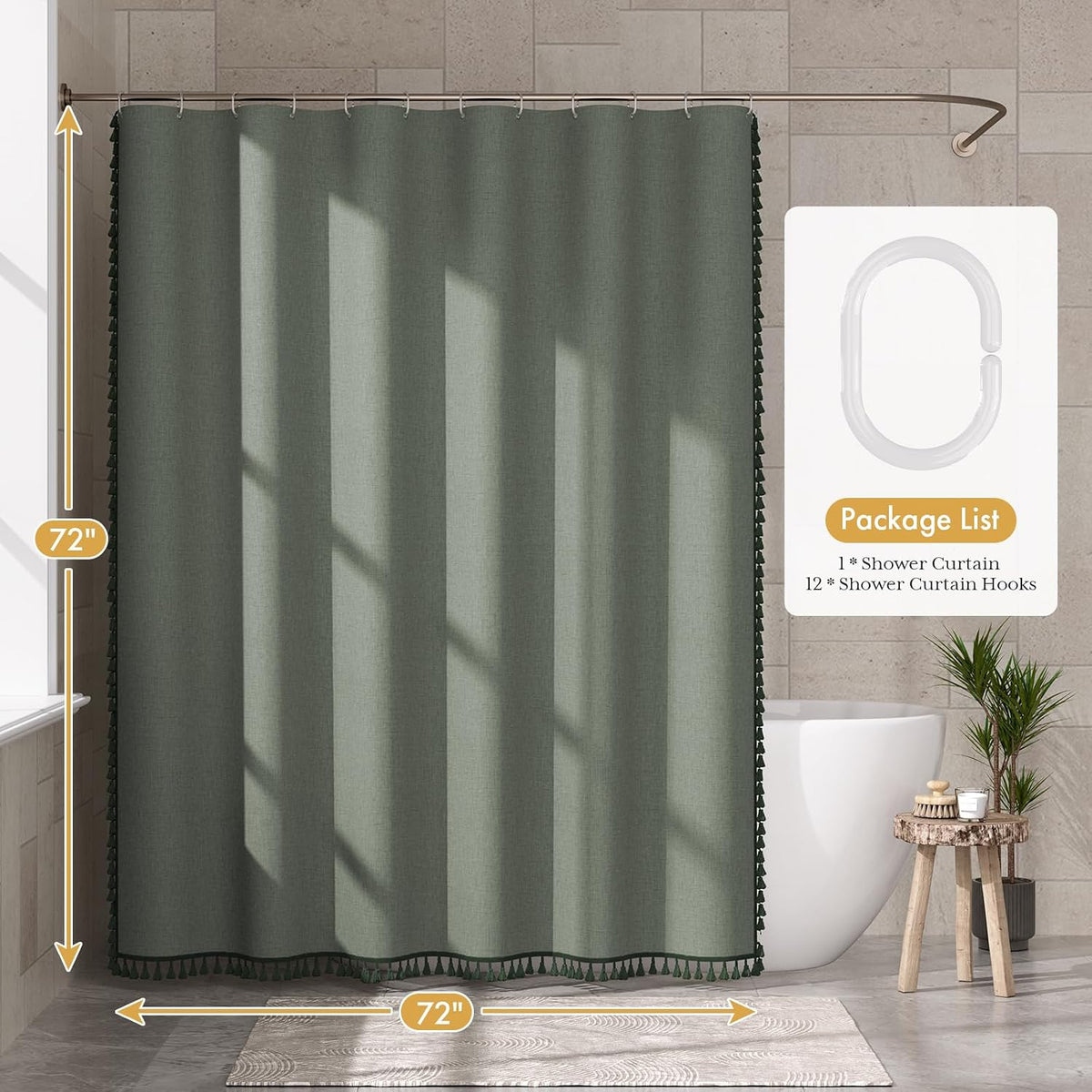 Boho Shower Curtain, Modern Farmhouse Shower Curtain Set with Tassels, Rustic Faux Linen Green Striped Shower Curtain with Hooks, Light Tan Toned, 72x72 Inches