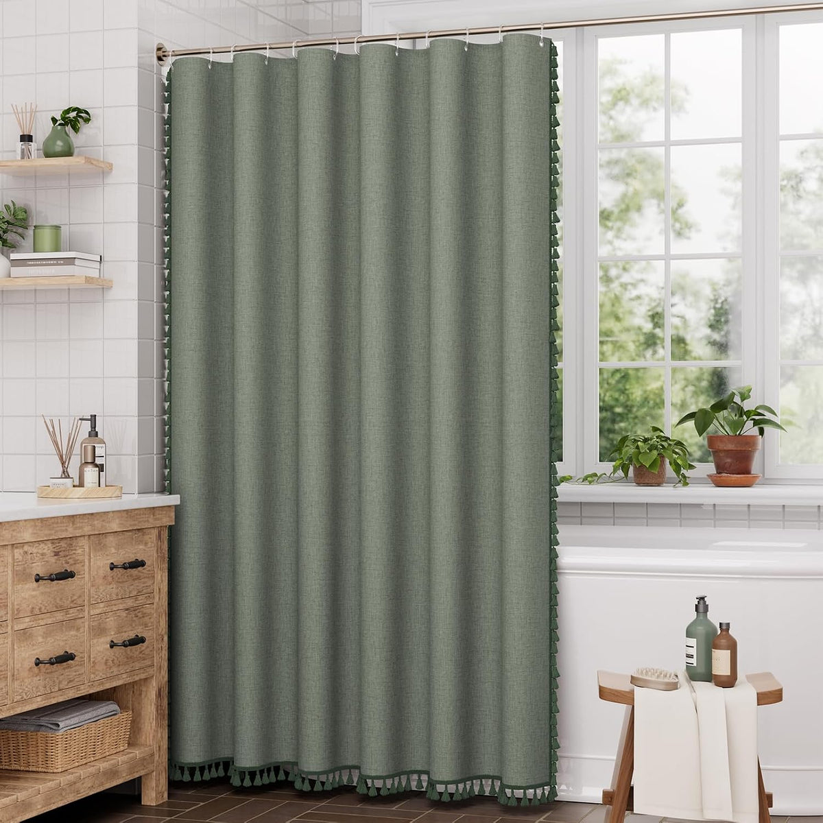 Boho Shower Curtain, Modern Farmhouse Shower Curtain Set with Tassels, Rustic Faux Linen Green Striped Shower Curtain with Hooks, Light Tan Toned, 72x72 Inches