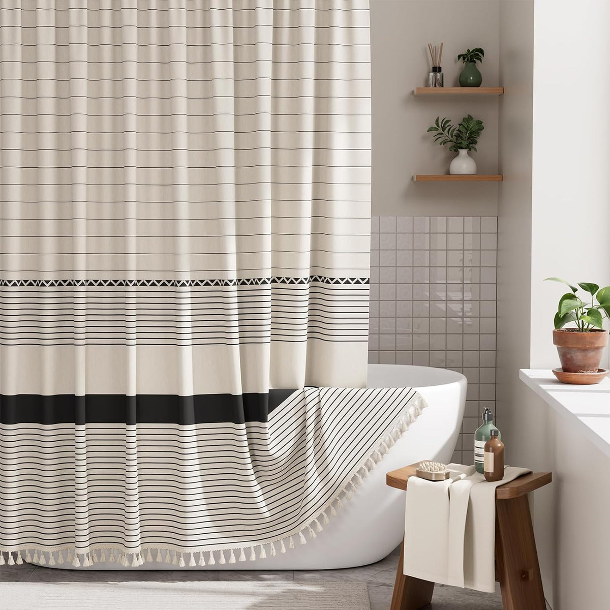 Boho Shower Curtain, Modern Farmhouse Shower Curtain Set with Tassels, Rustic Faux Linen Green Striped Shower Curtain with Hooks, Light Tan Toned, 72x72 Inches