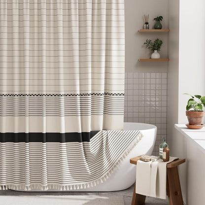 Boho Shower Curtain, Modern Farmhouse Shower Curtain Set with Tassels, Rustic Faux Linen Green Striped Shower Curtain with Hooks, Light Tan Toned, 72x72 Inches