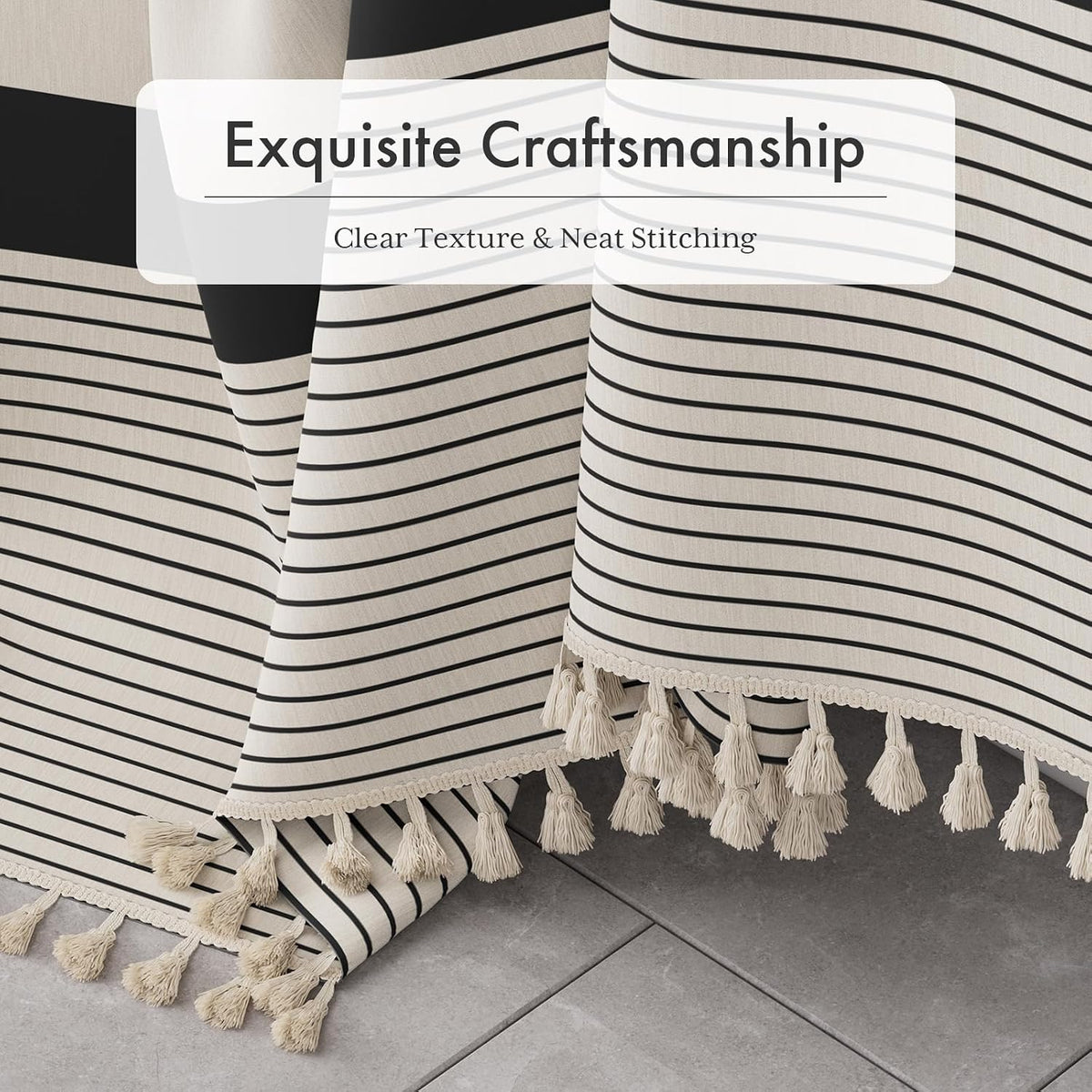 Boho Shower Curtain, Modern Farmhouse Shower Curtain Set with Tassels, Rustic Faux Linen Green Striped Shower Curtain with Hooks, Light Tan Toned, 72x72 Inches