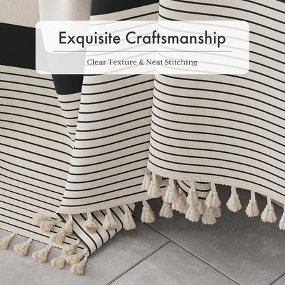 Boho Shower Curtain, Modern Farmhouse Shower Curtain Set with Tassels, Rustic Faux Linen Green Striped Shower Curtain with Hooks, Light Tan Toned, 72x72 Inches