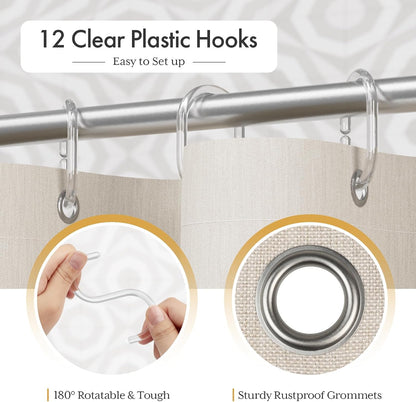 Boho Shower Curtain, Modern Farmhouse Shower Curtain Set with Tassels, Rustic Faux Linen Green Striped Shower Curtain with Hooks, Light Tan Toned, 72x72 Inches