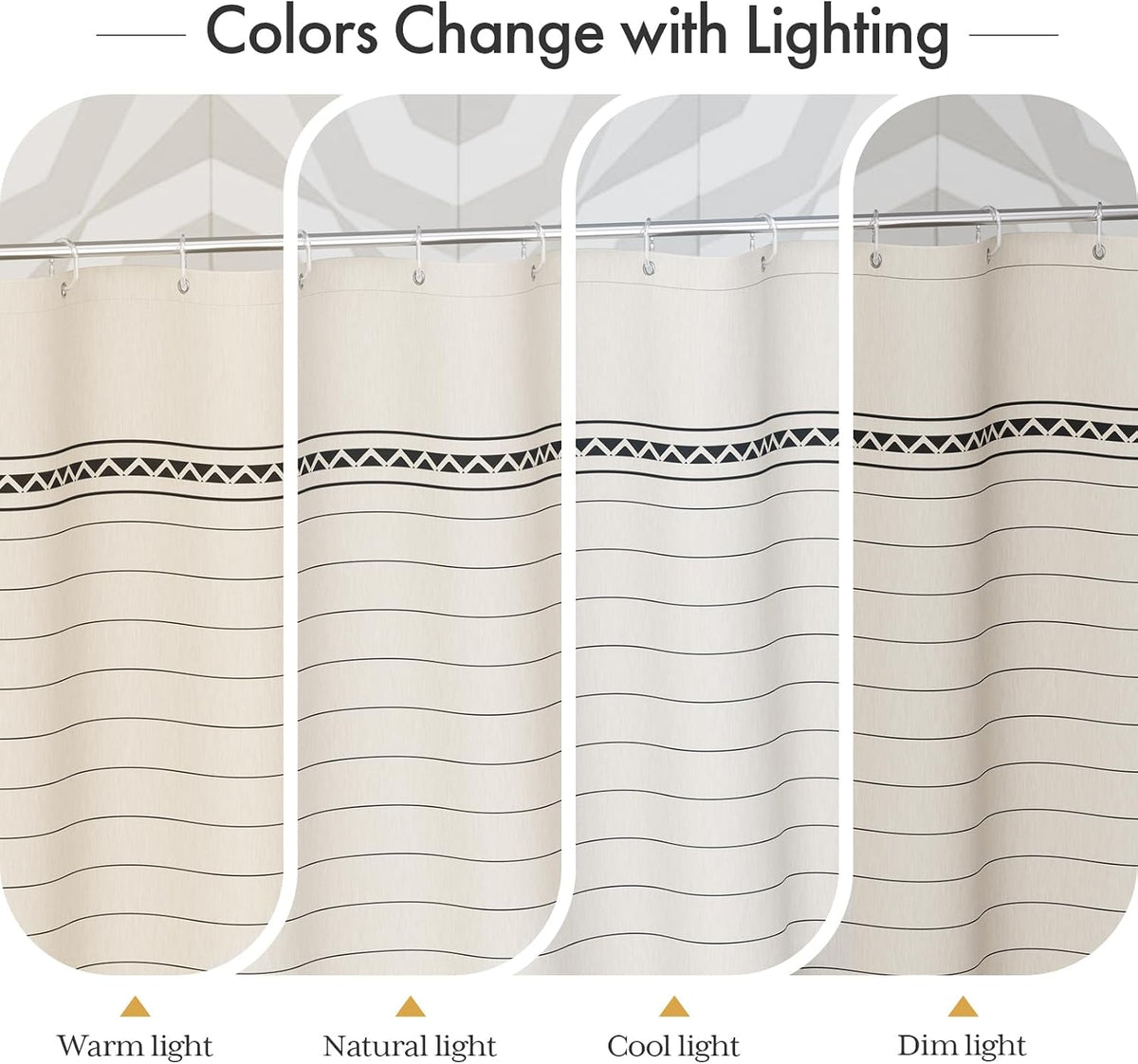Boho Shower Curtain, Modern Farmhouse Shower Curtain Set with Tassels, Rustic Faux Linen Green Striped Shower Curtain with Hooks, Light Tan Toned, 72x72 Inches
