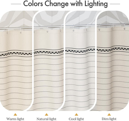 Boho Shower Curtain, Modern Farmhouse Shower Curtain Set with Tassels, Rustic Faux Linen Green Striped Shower Curtain with Hooks, Light Tan Toned, 72x72 Inches