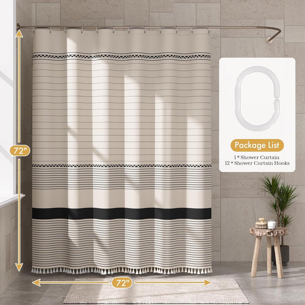 Boho Shower Curtain, Modern Farmhouse Shower Curtain Set with Tassels, Rustic Faux Linen Green Striped Shower Curtain with Hooks, Light Tan Toned, 72x72 Inches