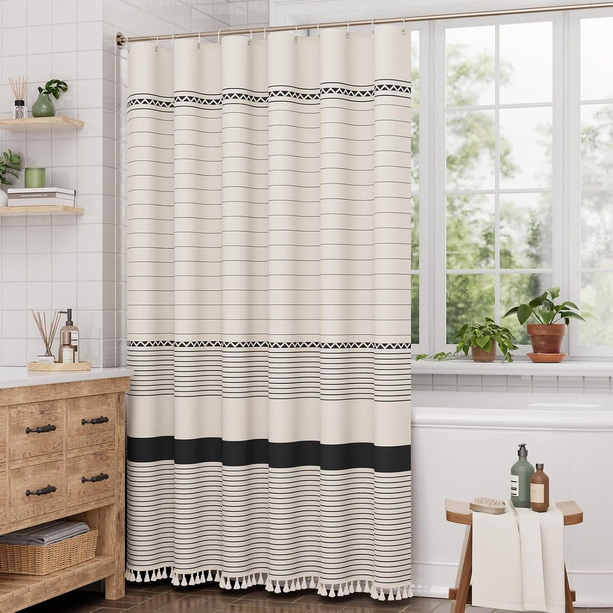 Boho Shower Curtain, Modern Farmhouse Shower Curtain Set with Tassels, Rustic Faux Linen Green Striped Shower Curtain with Hooks, Light Tan Toned, 72x72 Inches