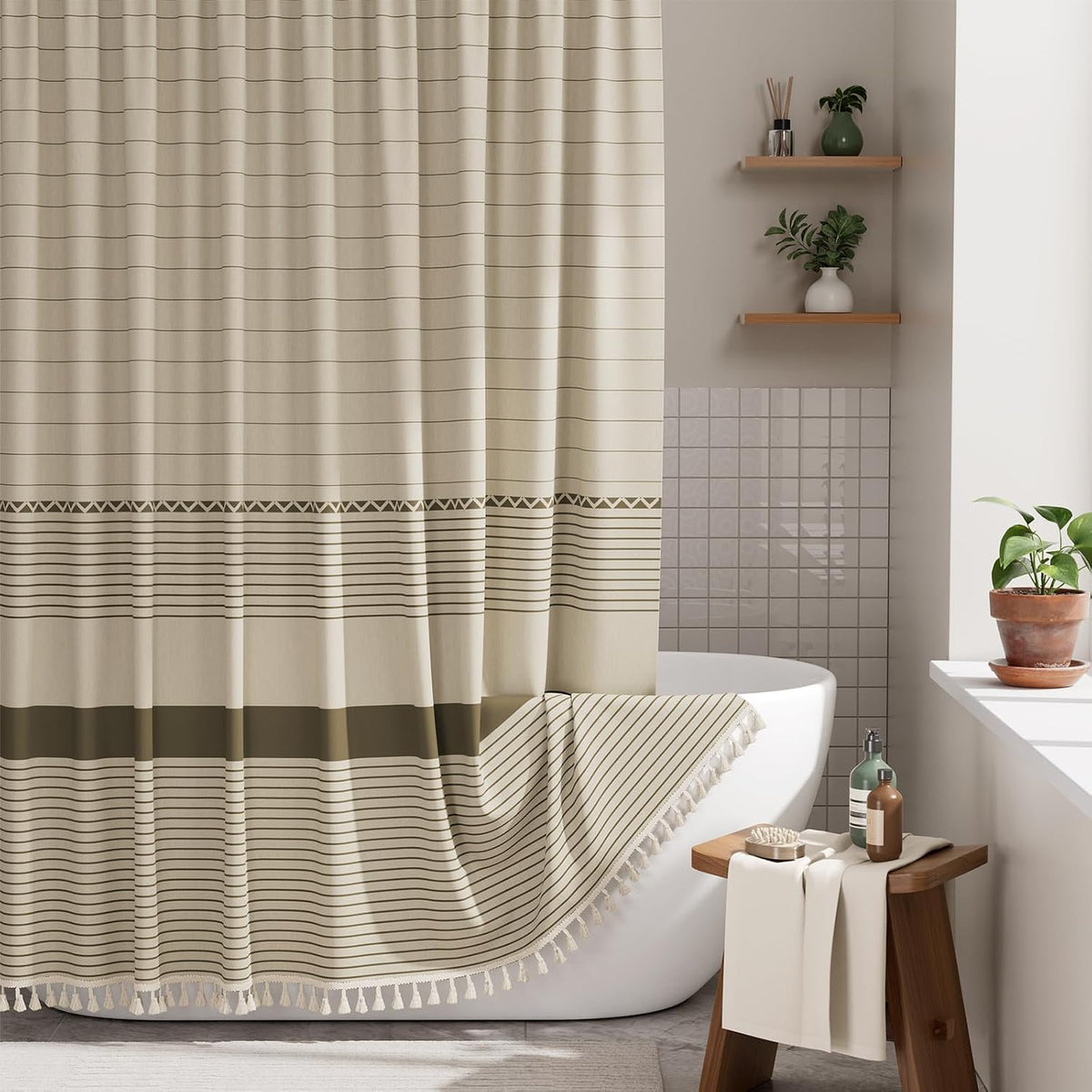 Boho Shower Curtain, Modern Farmhouse Shower Curtain Set with Tassels, Rustic Faux Linen Green Striped Shower Curtain with Hooks, Light Tan Toned, 72x72 Inches