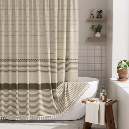 Boho Shower Curtain, Modern Farmhouse Shower Curtain Set with Tassels, Rustic Faux Linen Green Striped Shower Curtain with Hooks, Light Tan Toned, 72x72 Inches