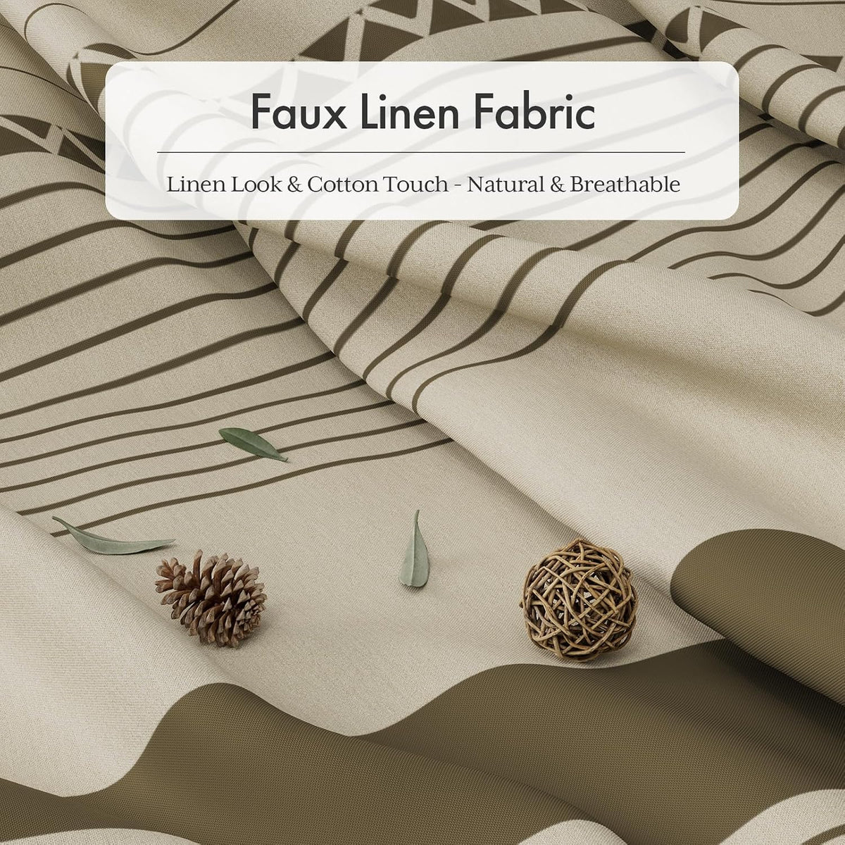 Boho Shower Curtain, Modern Farmhouse Shower Curtain Set with Tassels, Rustic Faux Linen Green Striped Shower Curtain with Hooks, Light Tan Toned, 72x72 Inches