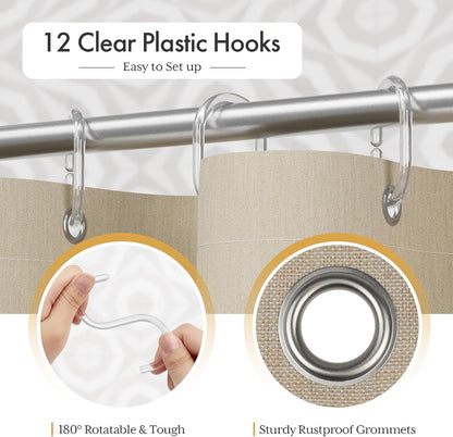 Boho Shower Curtain, Modern Farmhouse Shower Curtain Set with Tassels, Rustic Faux Linen Green Striped Shower Curtain with Hooks, Light Tan Toned, 72x72 Inches