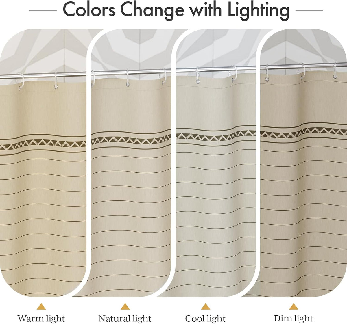 Boho Shower Curtain, Modern Farmhouse Shower Curtain Set with Tassels, Rustic Faux Linen Green Striped Shower Curtain with Hooks, Light Tan Toned, 72x72 Inches