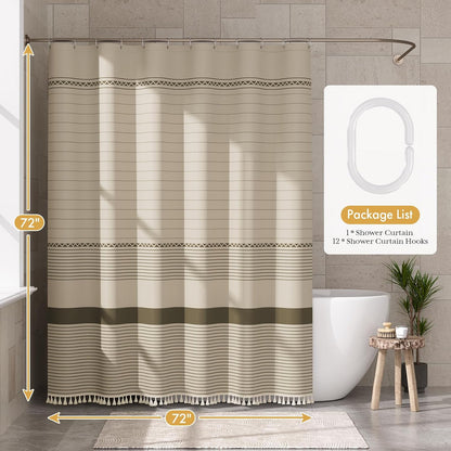 Boho Shower Curtain, Modern Farmhouse Shower Curtain Set with Tassels, Rustic Faux Linen Green Striped Shower Curtain with Hooks, Light Tan Toned, 72x72 Inches