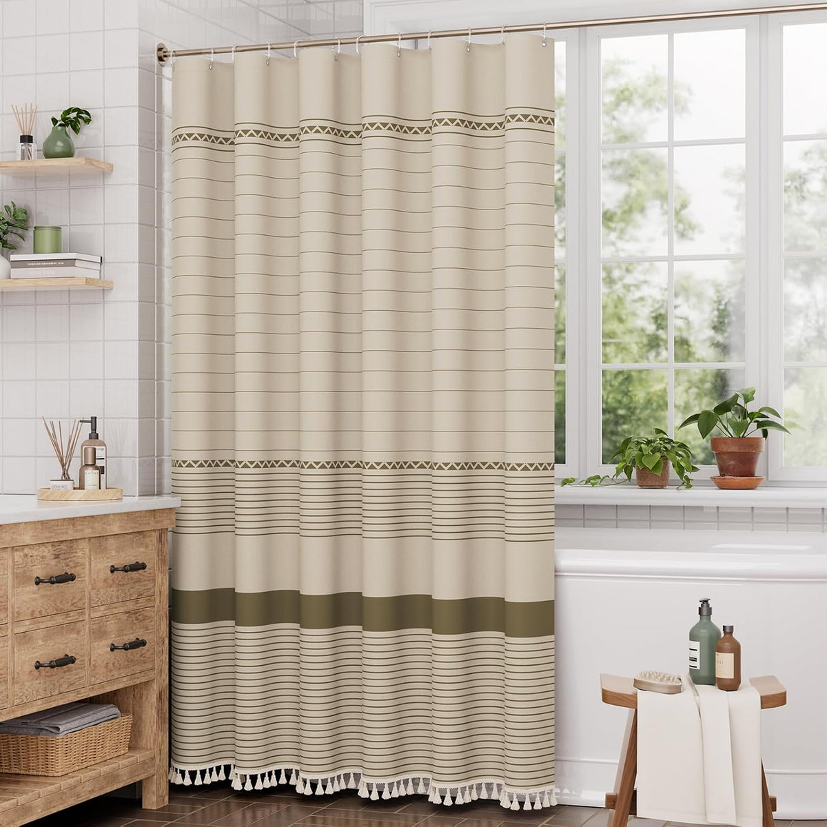 Boho Shower Curtain, Modern Farmhouse Shower Curtain Set with Tassels, Rustic Faux Linen Green Striped Shower Curtain with Hooks, Light Tan Toned, 72x72 Inches