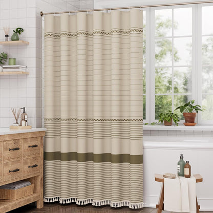 Boho Shower Curtain, Modern Farmhouse Shower Curtain Set with Tassels, Rustic Faux Linen Green Striped Shower Curtain with Hooks, Light Tan Toned, 72x72 Inches