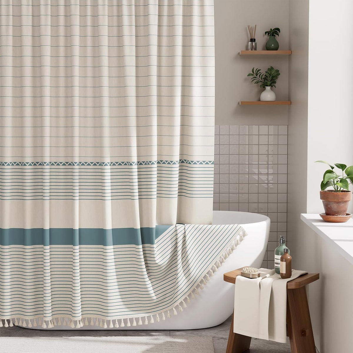 Boho Shower Curtain, Modern Farmhouse Shower Curtain Set with Tassels, Rustic Faux Linen Green Striped Shower Curtain with Hooks, Light Tan Toned, 72x72 Inches