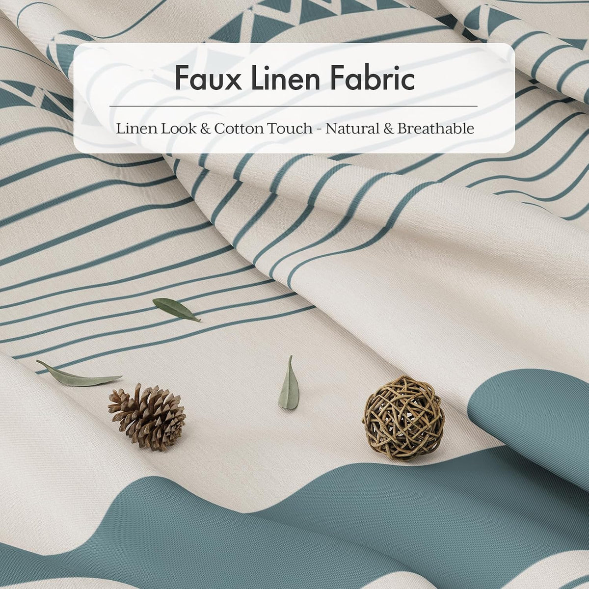 Boho Shower Curtain, Modern Farmhouse Shower Curtain Set with Tassels, Rustic Faux Linen Green Striped Shower Curtain with Hooks, Light Tan Toned, 72x72 Inches