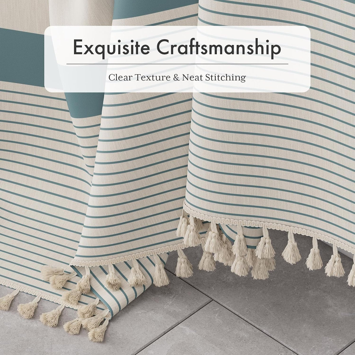 Boho Shower Curtain, Modern Farmhouse Shower Curtain Set with Tassels, Rustic Faux Linen Green Striped Shower Curtain with Hooks, Light Tan Toned, 72x72 Inches