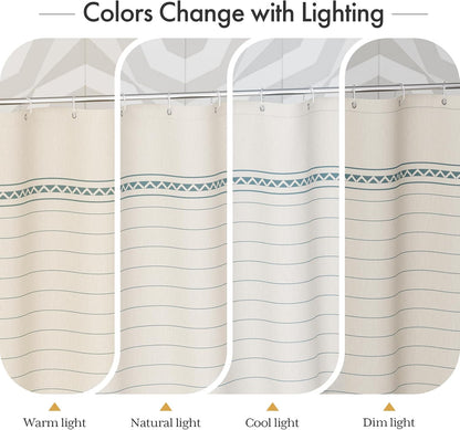 Boho Shower Curtain, Modern Farmhouse Shower Curtain Set with Tassels, Rustic Faux Linen Green Striped Shower Curtain with Hooks, Light Tan Toned, 72x72 Inches