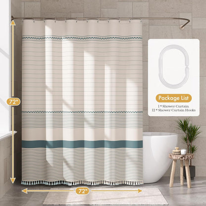 Boho Shower Curtain, Modern Farmhouse Shower Curtain Set with Tassels, Rustic Faux Linen Green Striped Shower Curtain with Hooks, Light Tan Toned, 72x72 Inches